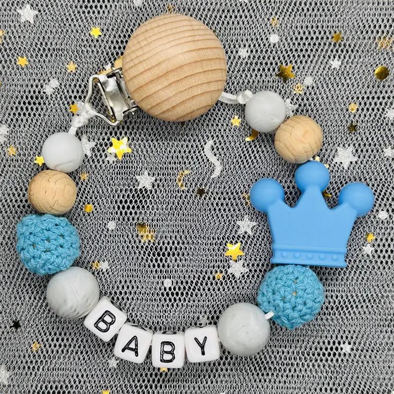 NEUER Individuell Personalisierter Name Schnullerkette Handgefertigte Buchenholz-Kette Silikon-Kronenhalter Schnuller Baby Zahnungsspielzeug Kauspielzeug Geschenk