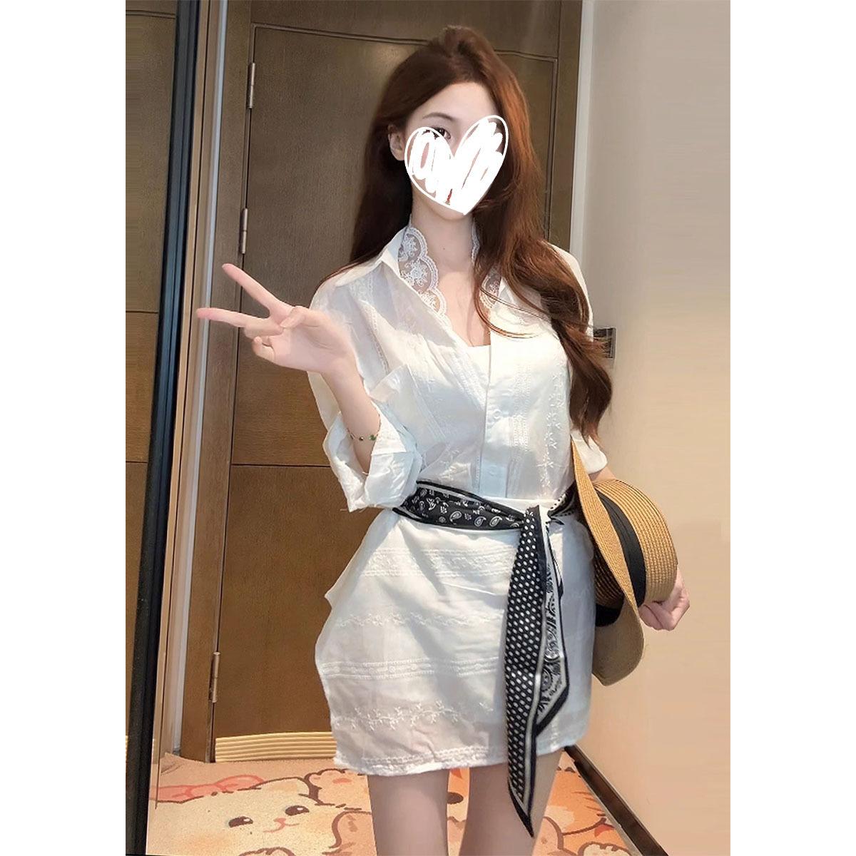 

White lace spliced sunscreen shirt, thin style for women, new summer casual vacation white skirt and scarf set XL