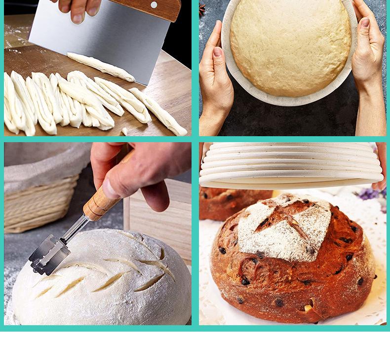 Fermentation Basket Set: Rattan Bread Basket, Scraper, Mixer & Oval Baking Tool. European Style for Artisan Bread.