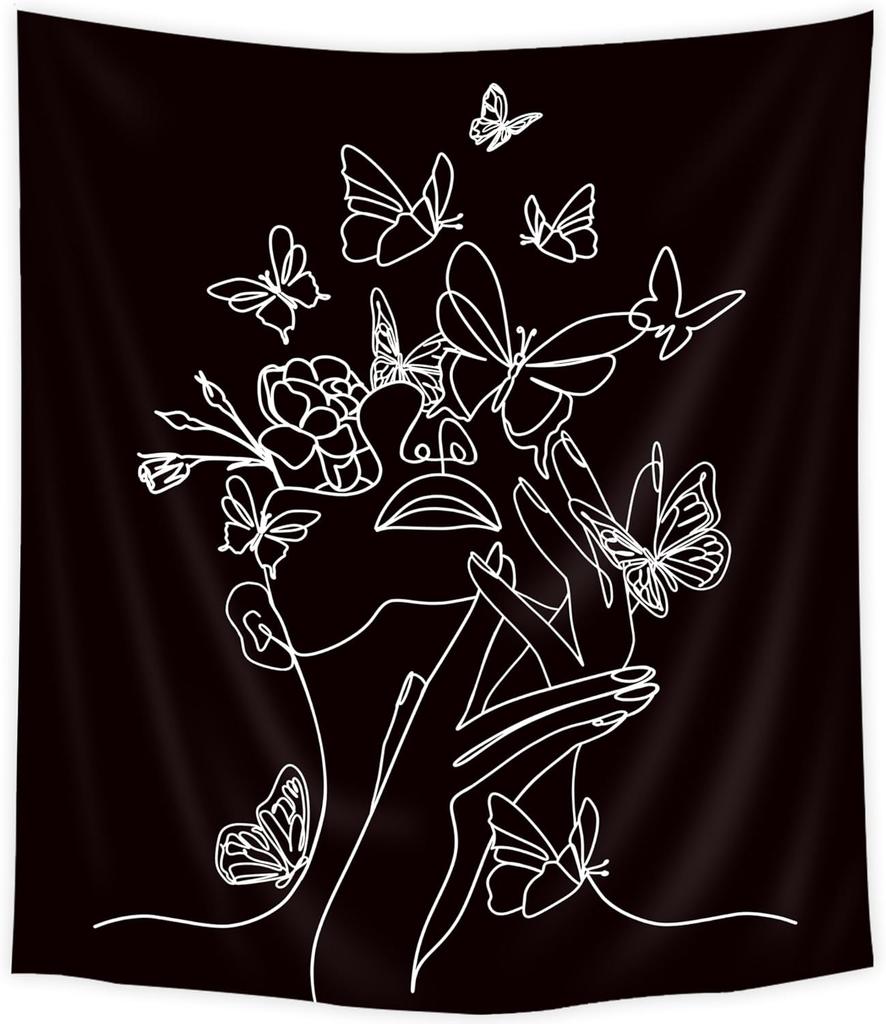 Abstract Woman Face Tapestry Floral Leaves Butterfly Art Line Lady Beige Black Flower Aesthetic Modern Sketch Minimalist Simple