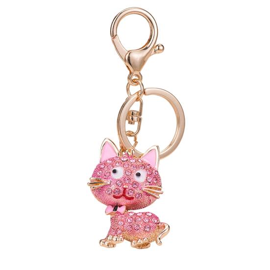 Keychain Pendant 3D Cartoon Cat Design Sparkling Rhinestones Inlaid Key Chain with Lobster Clasp Key Ring Bags Accessories