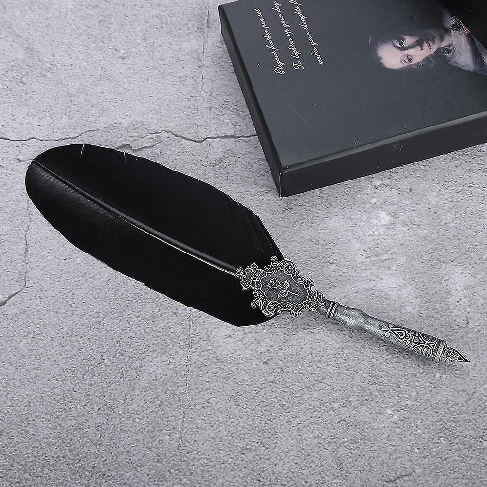 Retro Quill Alloy Feather Writing with Pen Nibs Gift Box Quill Set with Ink Bottle Black