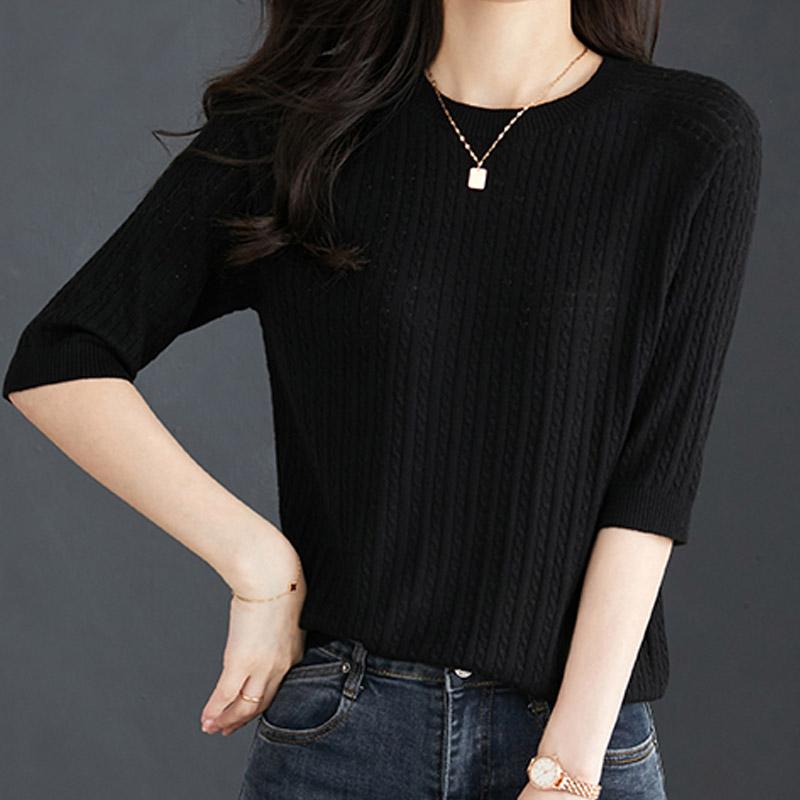 Dámské svetry pulovry 2025 Léto Krátký rukáv Kulatý výstřih Černý pletený svetr Dámské topy Pulovr JJ142