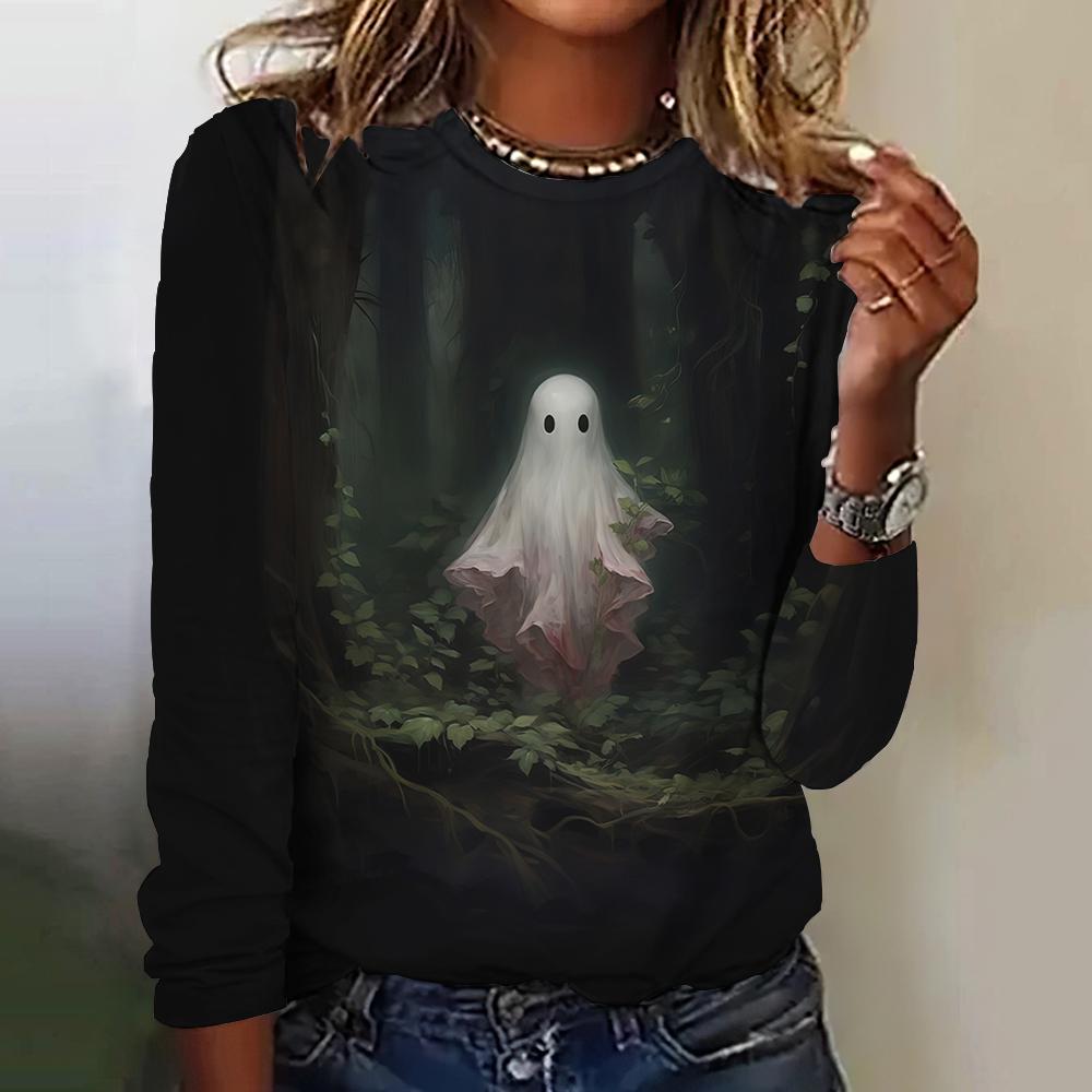 Family Of Ghosts Pattern Print Funny Women's T-shirt Halloween 2024 New Long Sleeves T Shirt Tops Fashion Y2K Clothes Streetwear
