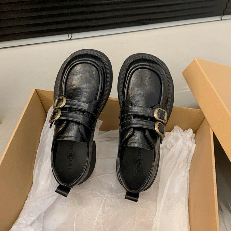 Leather with skirt thick heel round head small leather shoes women s autumn 2024 new British style belt buckle retro loafers 35 4629₽