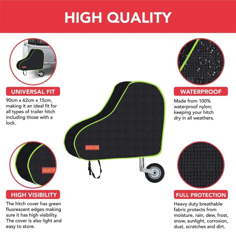 1pc Caravan Hitch Cover Universal Waterproof Tow Towing Hitch Black Cover + Strap Green Strip Motorhome RV Hook Rain Cover