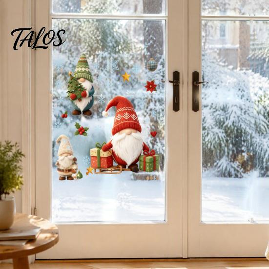 Indoor Window Art Christmas Gnome Cling, Waterproof Snowflake Glass Decal, PVC Decals Faceless Dwarf Static Sticker for Holiday Decoration Winter Home