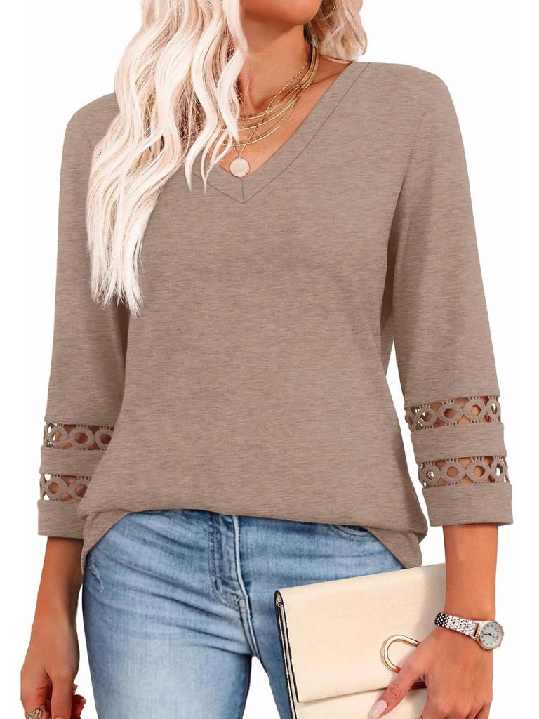 2026 Women's Fashion Solid Color V-Neck Loose Three-Quarter Sleeve Round Neck Hollow-Out Casual Top