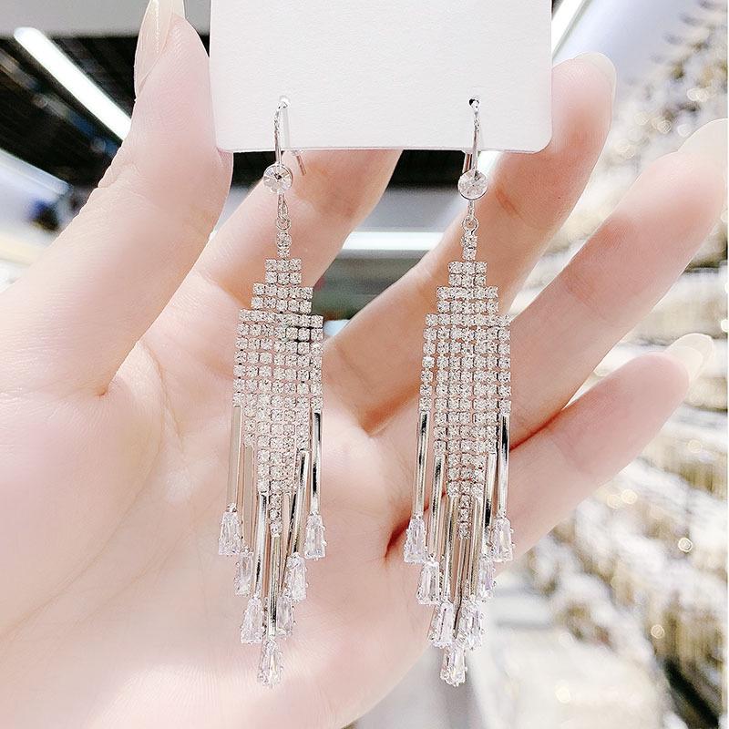 Exaggerated Long Geometric Diamond Tassel Earrings - Trendy, Flashy & Face-Enhancing