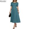 ZANZEA Women Summer Square Collar Casual Short Sleeve Long Dress