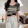 Summer Vintage Versatile Contrasting Striped Knitted Sweater for Women In Plus Size Loose Short Sleeved T-shirt