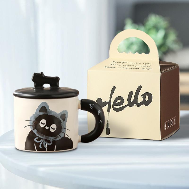 Cute Cat With Lid Couple Ceramic Water Cup Household Girl High Value Gift Box Cup Office Coffee Cup