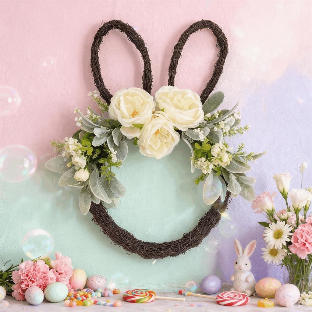 Wielkanocny Zajączek Winorośl Dekoracyjna Zawieszka na Drzwi, Sztuczna Róża i Liść Zawieszka Ścienna