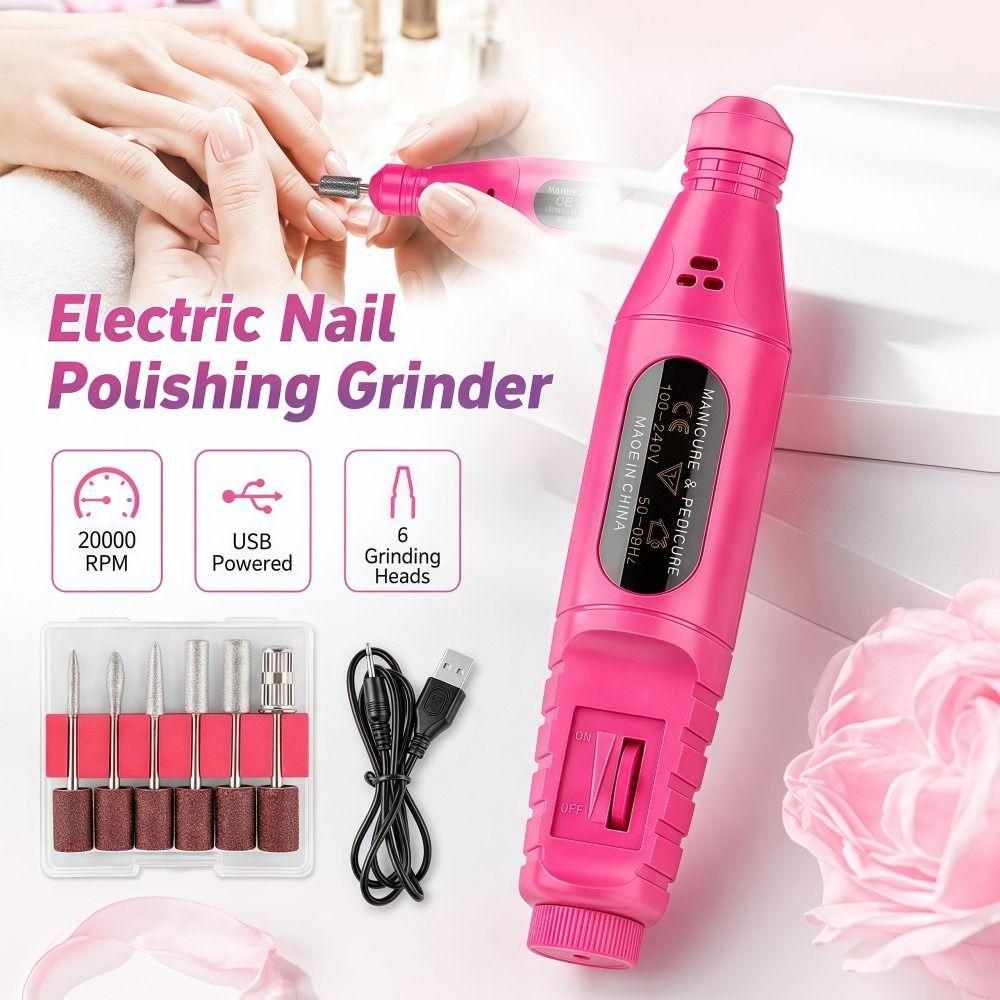 20000 RPM Electric Nail Polishing Grinder 6 Grinding Heads Portable Electric Nail File Multifunctional USB Powered Nail Grinder