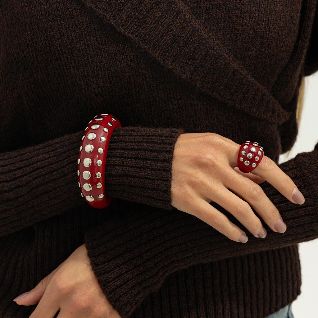 Salircon Punk Creative Rhinestone Rivet Chunky Bracelet Ring Set Women Vintage Stackable Wide Resin Bangles Grunge Jewelry Gift