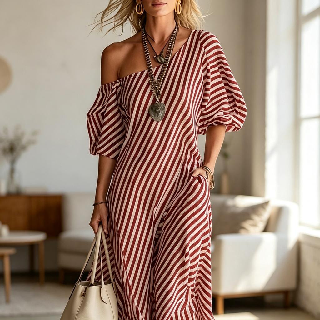 2026 In-Stock Women's Spring Elegant Striped Off-Shoulder Dress In Blue, Red, Green, Black, Pink