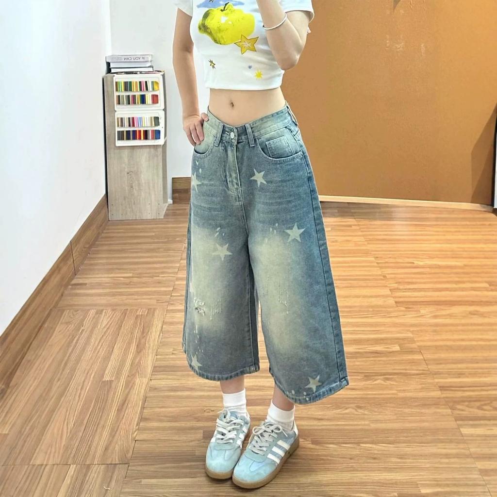 Women's High Waist Star Print Wide Leg Denim Culottes Vintage Washed Cropped Jeans
