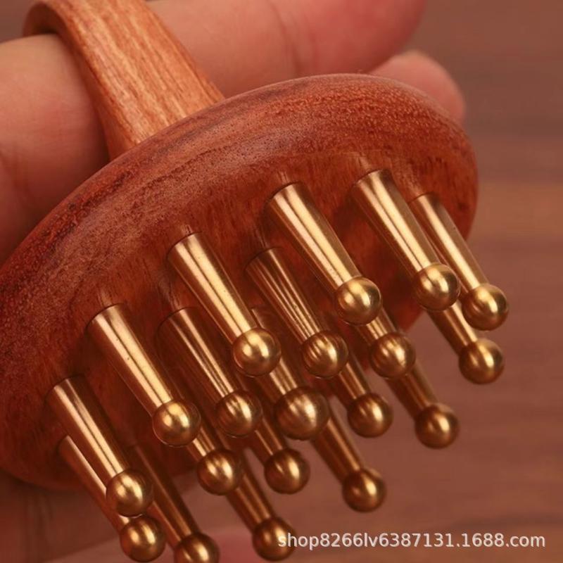 Head Meridians Massage Comb Copper Sandalwood Meridians Fine Tooth Comb Needling Guasha Scalp Massage Brush Relax Body Massager
