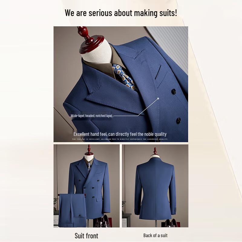 ROMON Men's Italian Craft Double-breasted Stripe 3-Piece Suit