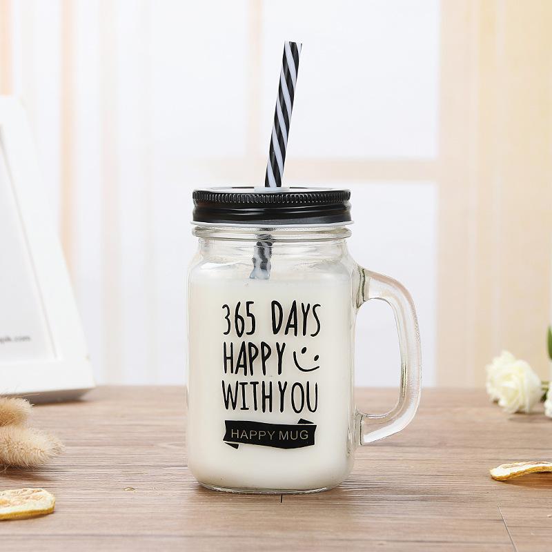 English Letter Straw Cup Creative Rooster Cup Fresh Home with Lid Glass Milk Tea Packaging Mason Cup