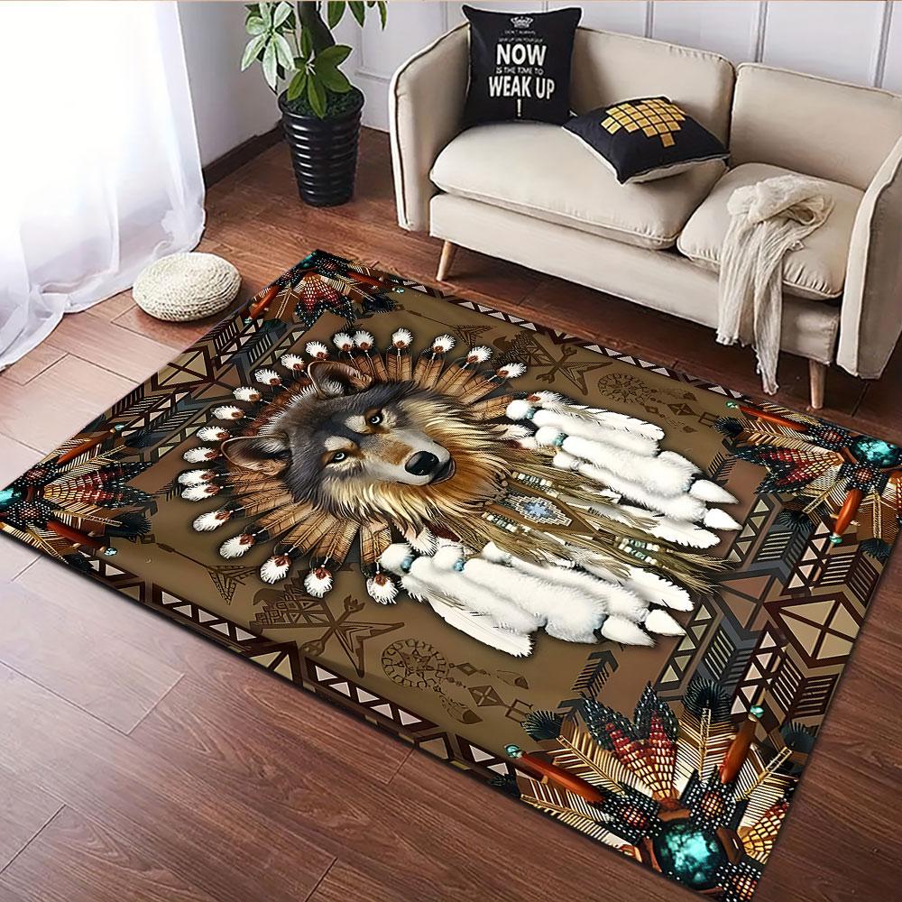 Wolf with Tribal Feather Headdress Patterned Carpet, Suitable As a Non Slip Play Mat for the Living Room and Bedroom Sofa
