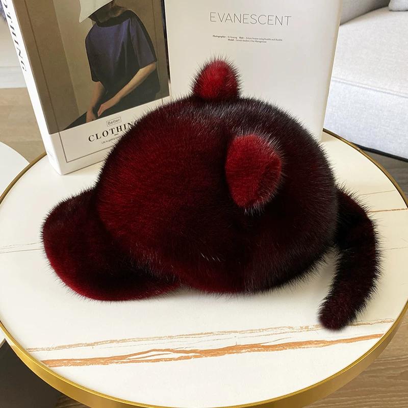 Winter Ladies Mink Hat Sweet Cute Cat Ears with Tail Whole Mink Hat Mink Fur Cap Tide