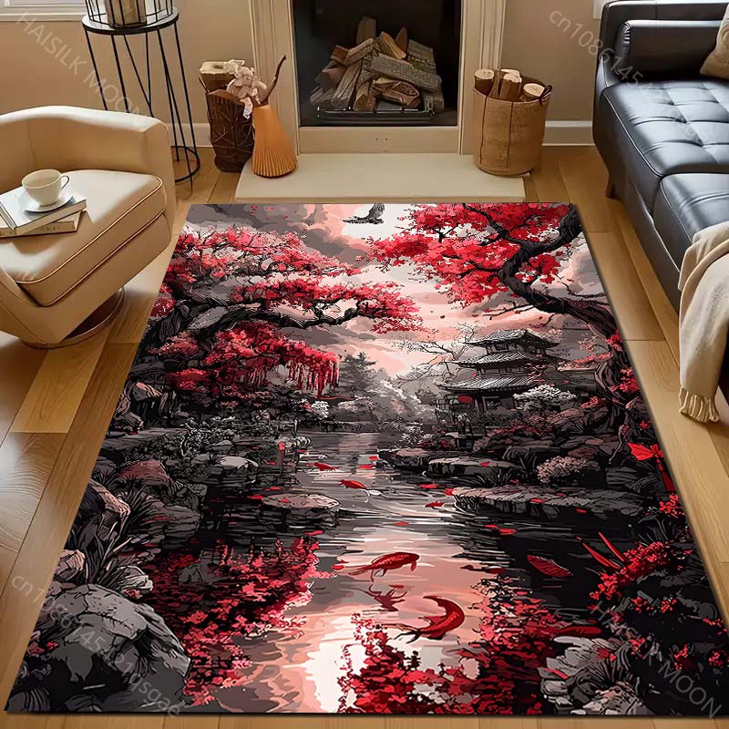 1PC Red maple trees and Japanese garden Carpet for Living Room Bedroom Sofa Home Decor Rus Non-slip Floor Mat Luxury Gift