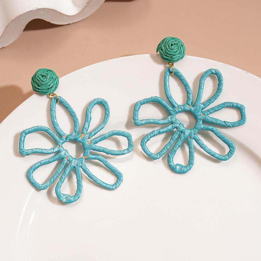 Holiday style raffia woven hollow flower silver needle earrings fashionable and sweet temperament earrings
