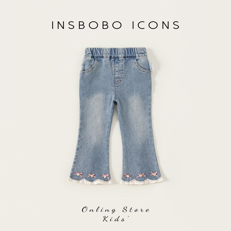 Insbobo Girls  Pants 2025 Autumn New Children s Jeans Spring and Autumn Girls  Stylish Lace Flared Pants Denim Blue 100 cm