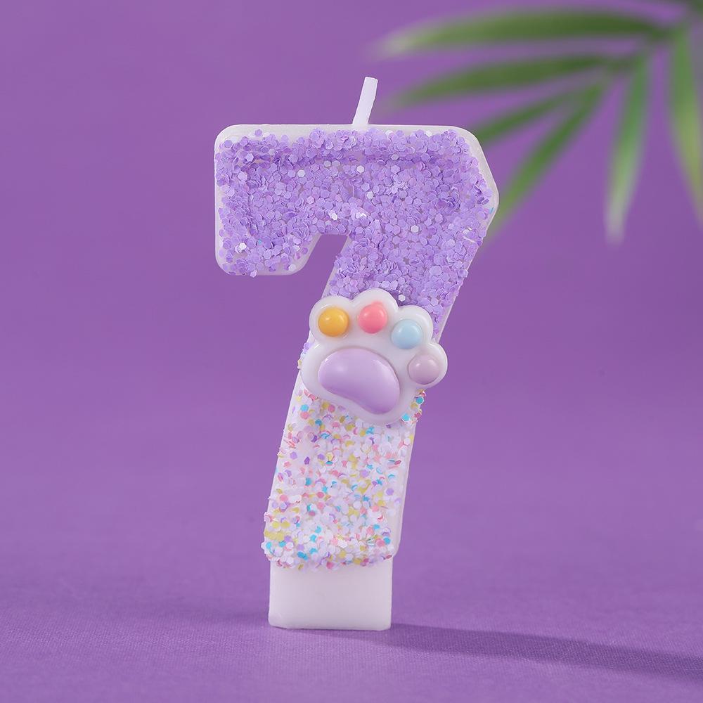 Dreamy Purple Gradient Cat Paw Number Candles - Creative Cartoon Cake Decorations