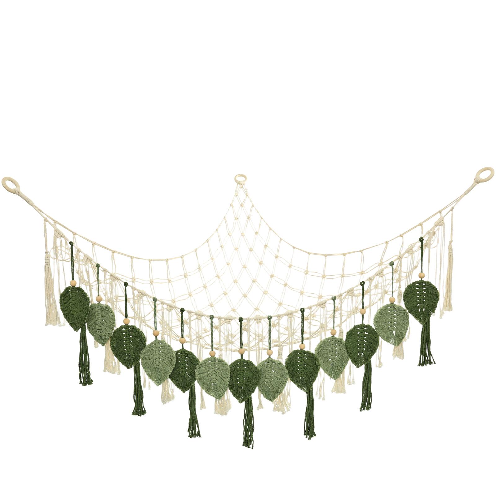 

Plush Toy Hammocks Wall Corner Hanging Storage Net Organizer Hand Woven Leaf Tassel Kids Stuffed Mesh Room Decor зелёный