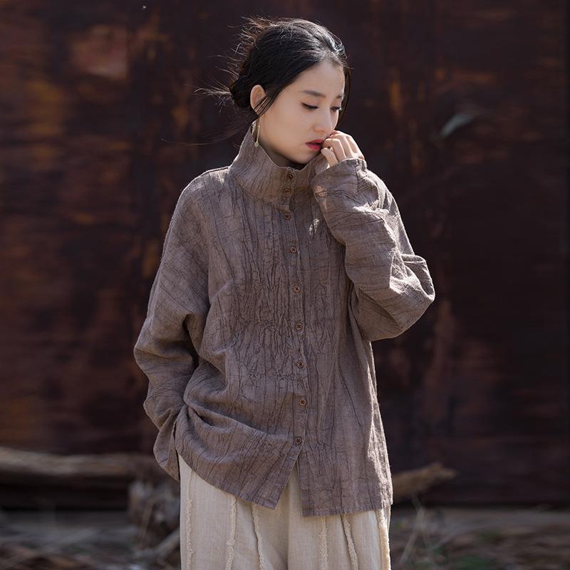 Women's Winter Tie-Dye Ramie Cotton Cardigan - Loose, Semi-High Collar Shirt in National Style.