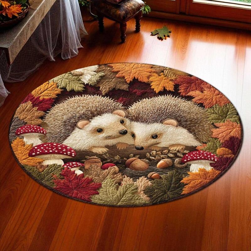 Autumn Hedgehogs Round Rug Cozy Fall Decor with Colorful Maple Leaves & Red Mushrooms Cute Forest Themed Carpet for Living Room