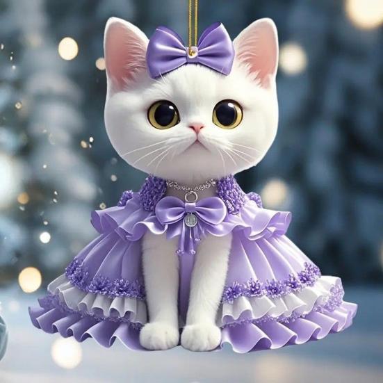 2Pcs Cute Cat Purple Pendant Car Rear View Mirror Charm Acrylic Cat Hanging Decorations for Auto Interior Window Bag