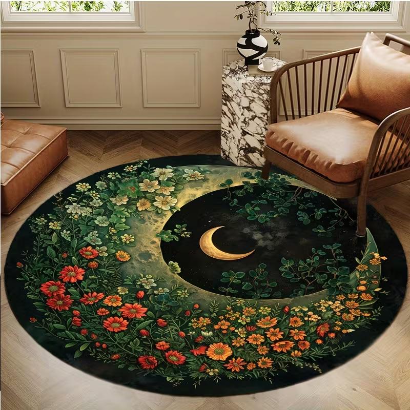 Mystical Black Cat Moon Round Area Rug Celestial Starry Sky Witchy Cat Mat Soft Non-Slip Gothic Carpet for Living Room Bedroom