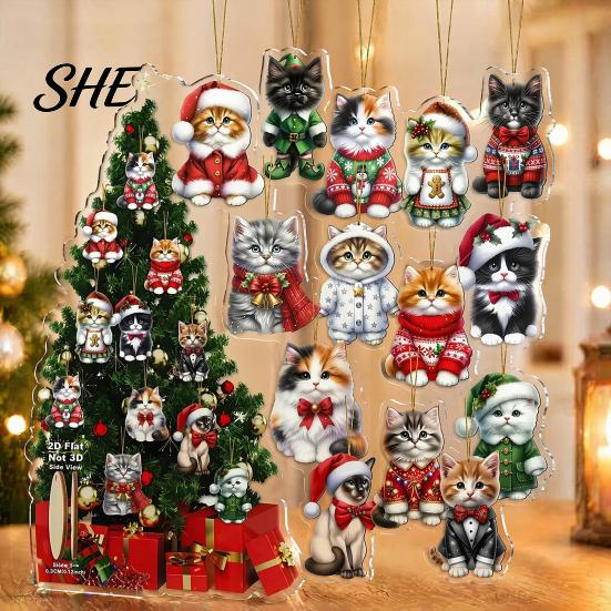 Christmas Gift Decorations Cute Cat Ornaments, 2D Wooden Cartoon Tree Hanging Decor for Winter Holiday Party Home Pendants Trees