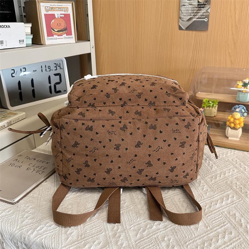 College Style Bow Print Schoolbag Women's Corduroy Backpack Large Capacity Student Backpack