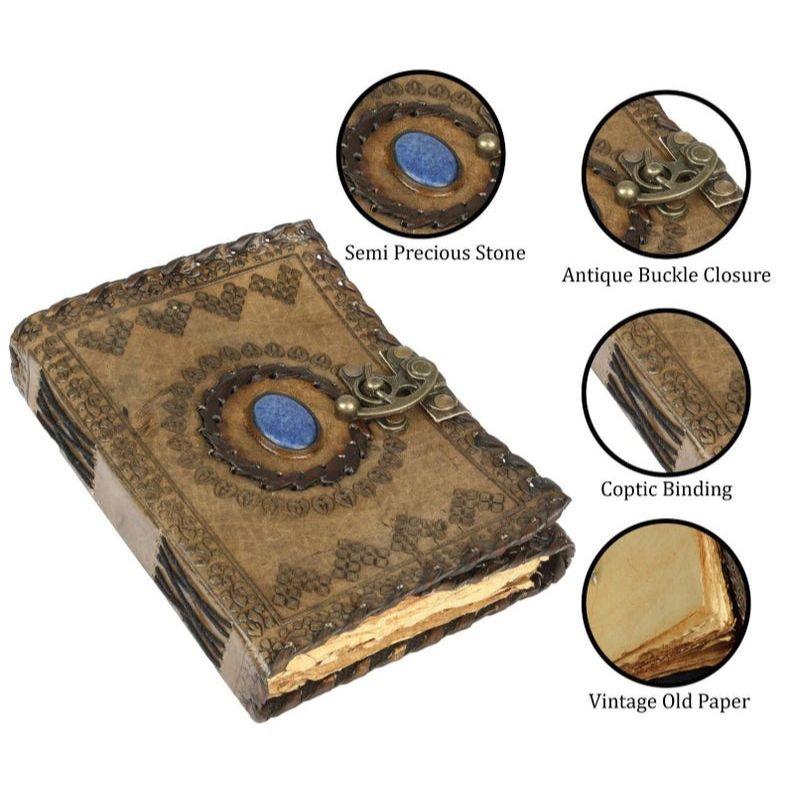 Tłoczony Vintage Skórzany Dziennik z Kamieniem Lapis Lazuli Księga Cieni Grimuar Ręcznie Robiony Szkicownik Wiccańska Księga Czarów Prezent Zamek Artbook