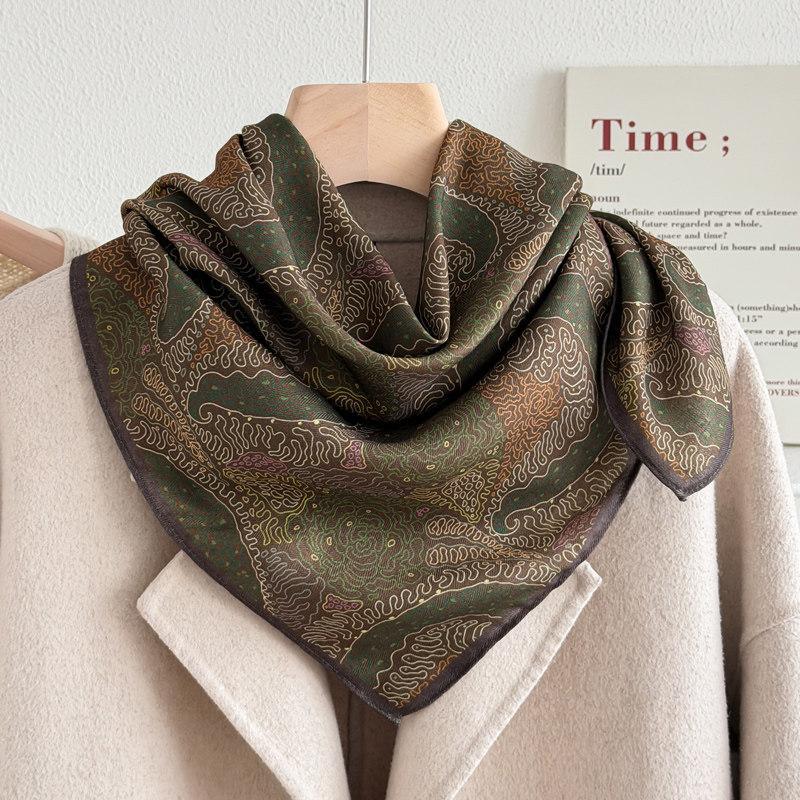 Dunhuang purple cashew flower silk scarf 71, imitation silk small square scarf for women, Spring and Autumn ethnic style headscarf, neck guard