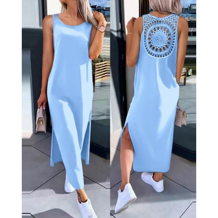 

Summer Women Hollow Solid Color Mid Length Dress XXL