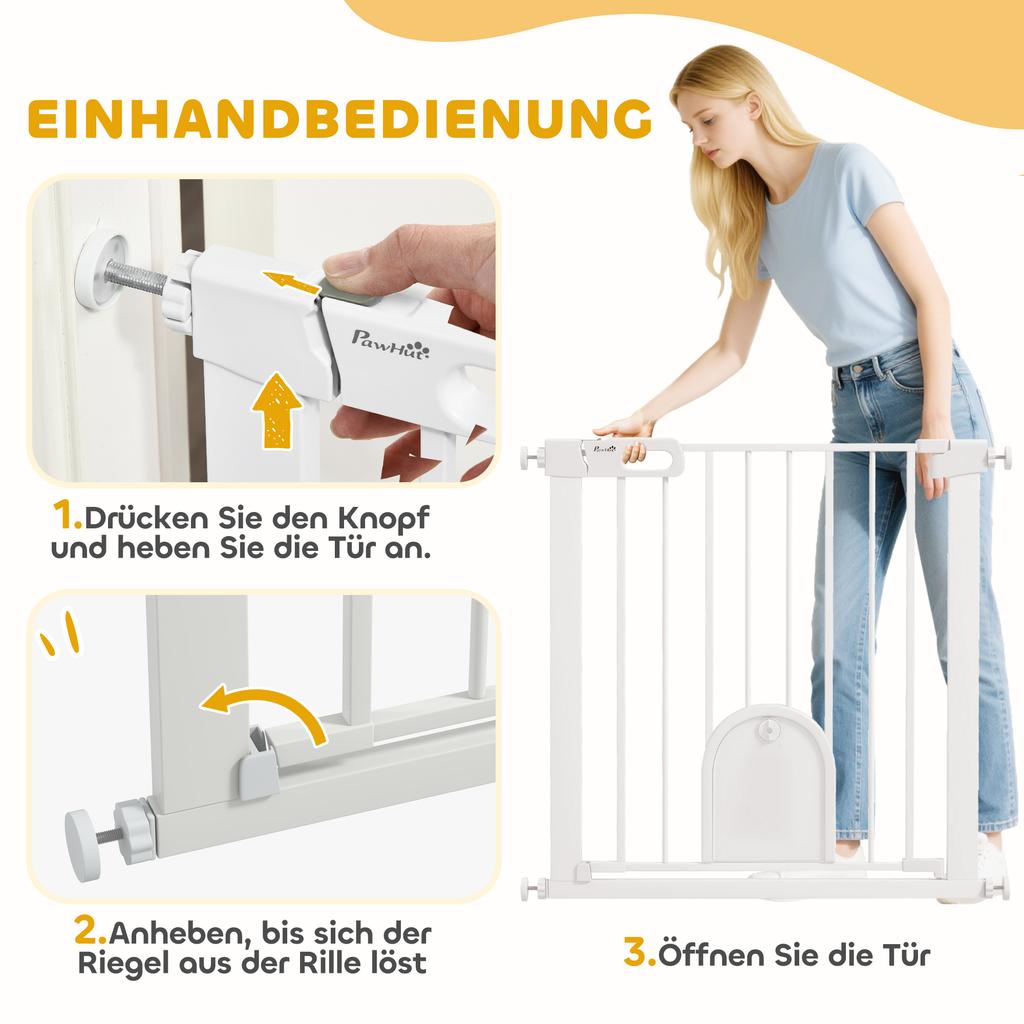 75-82cm Pet Safet Gaye, Pressure Fit Stair, with Cat Flap, Double Locking, White
