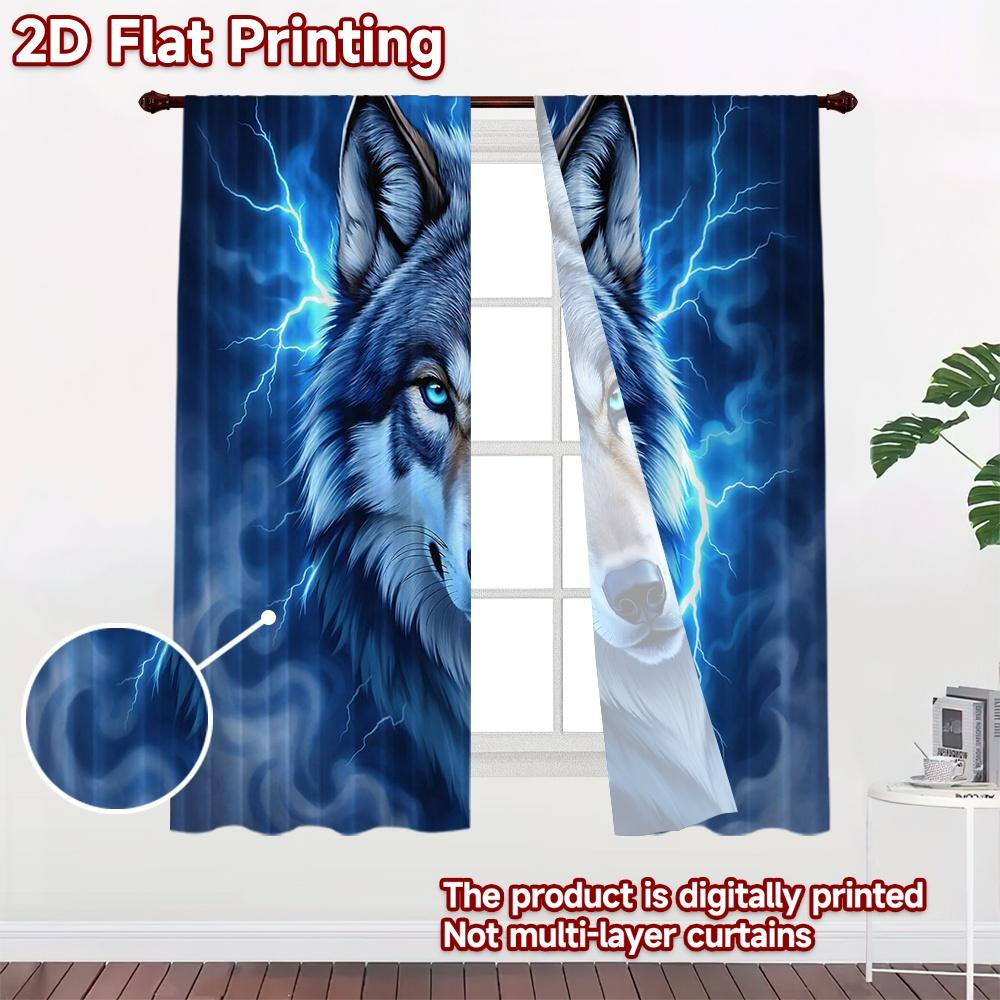 2D FLAT PRINTING 2pcs Curtains (Without Rod) Wolf with Electric Aura Popular Pattern Curtains Polyester Curtains Valentine's Day