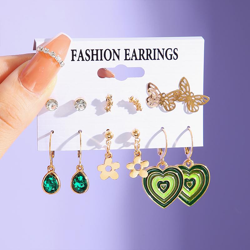 Colorful Earring Set Pink Green Heart Hoop Earrings For Women Dropping Oil Yinyang Earring Set Metal Party Jewelry