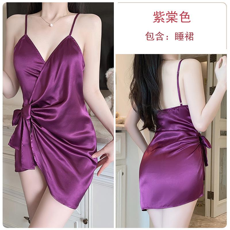 

Sexy deep V-fold side strap open placket hip wrap solid color ice silk women s suspender home nightdress L