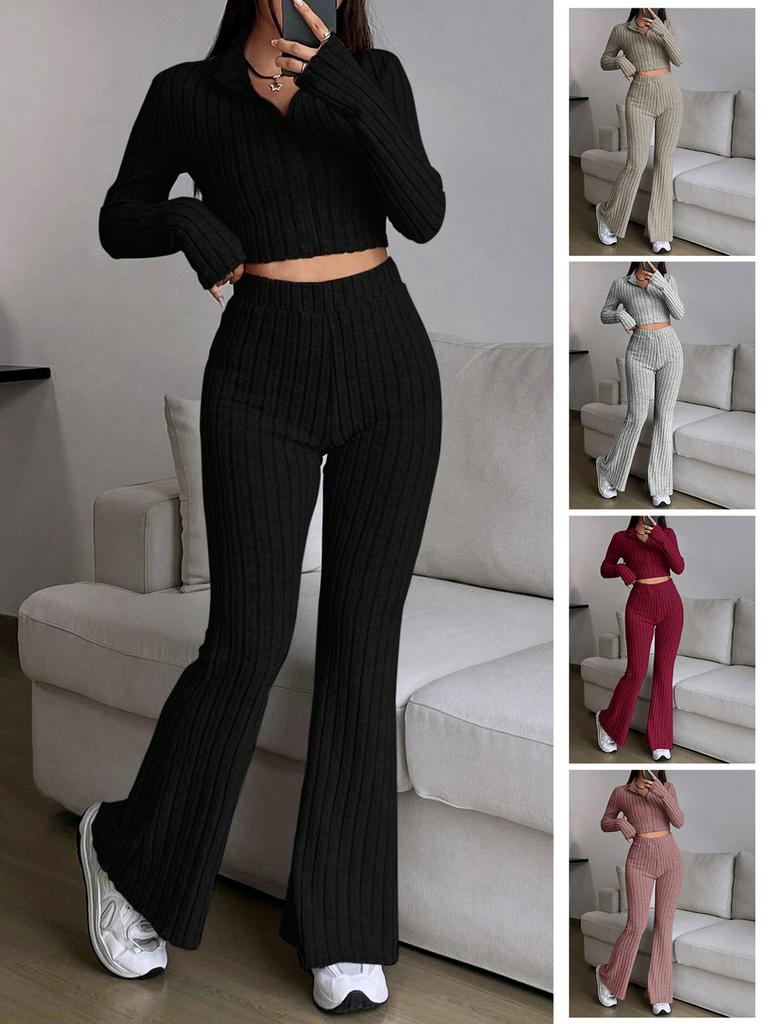 Fashion Solid Stitch Two-Piece Set with Zipper Long Sleeve Crop Top and High Waist Wide Leg Pants Women Casual Outfit