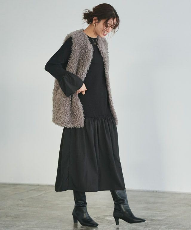 Pierrot Knit Rayon Flared Size Black Mixed-Material Dress, Blend, Gathered, Silhouette, Women's, M,