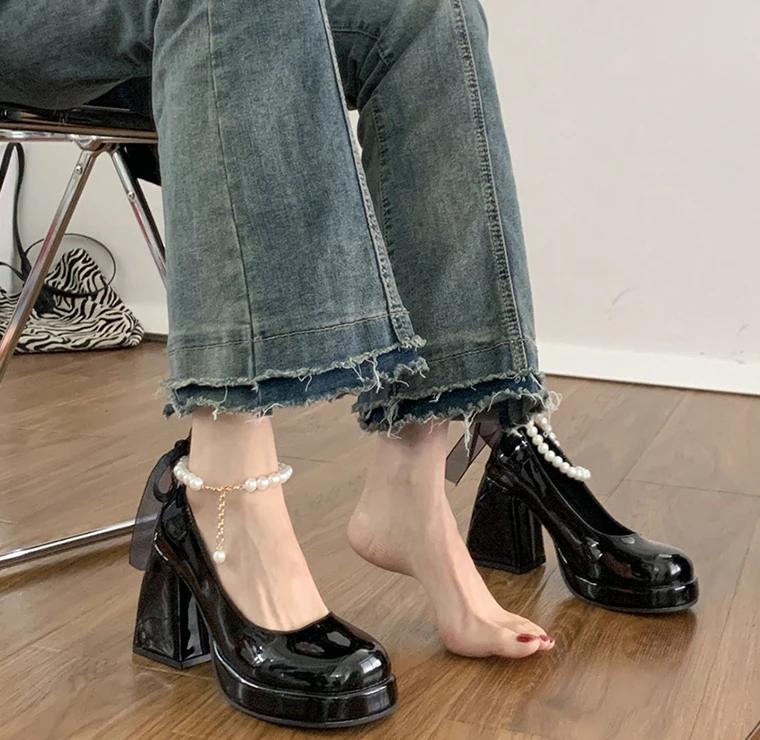 Fashion New Lolita Shoes Women Japanese Mary Jane Heeled Shoes Women Retro Pearl Bow Ankle Strap High Heel Platform Shoe Chaussure Femme