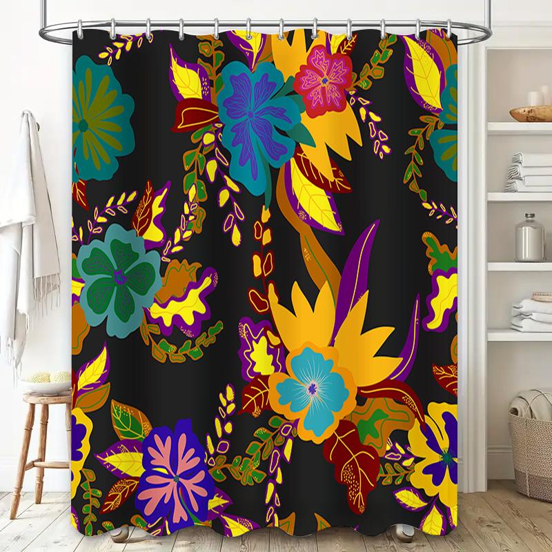 128 Character Title: Bathroom Shower Curtain with Vibrant Floral Pattern Modern Home Decor In Black Background