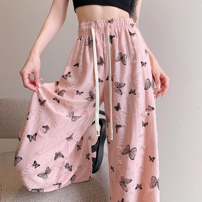 Wasteland Style Ripped Butterfly Printed Casual Pants for Women In Summer New Design Draped Straight Wide-leg Pants