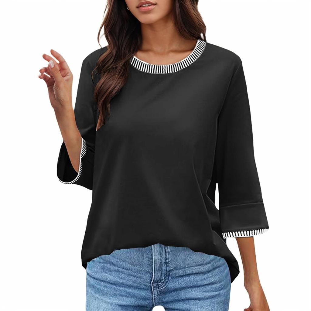 Women's Fashion Casual Threaded Round Neck Seven Points Flare Sleeve T-Shirt Top
